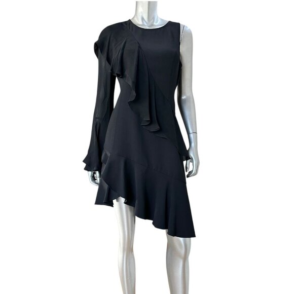 Parker Black Asymmetric Silk Blend Ruffled One-Sleeve Dress  8 - Picture 6 of 9